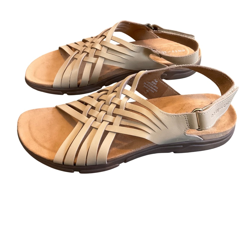 Easy Spirit Semar Sandals Women 7.5N Beige Leather Woven Strappy Flats